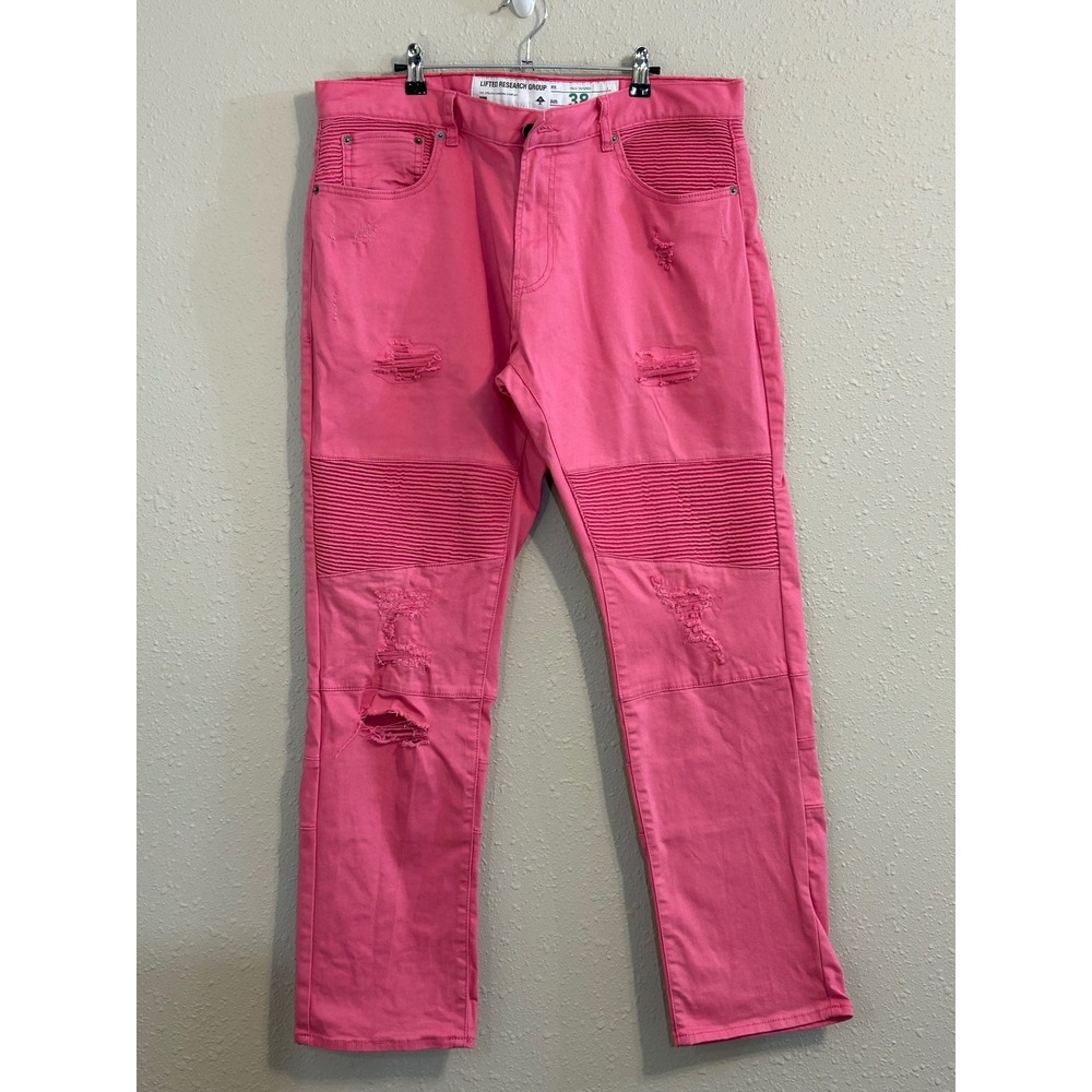 LRG Grungecore Pink Moto Distressed True Tapered Jeans Mens 38